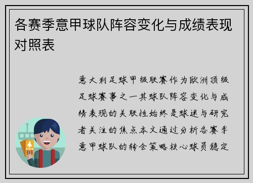 各赛季意甲球队阵容变化与成绩表现对照表