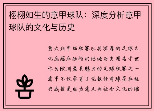 栩栩如生的意甲球队：深度分析意甲球队的文化与历史